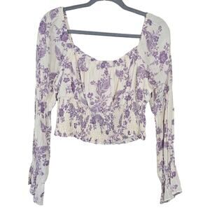 Sage The Label Floral Crop Top Smocked Poet Sleeves Cream & Lavender Size Large